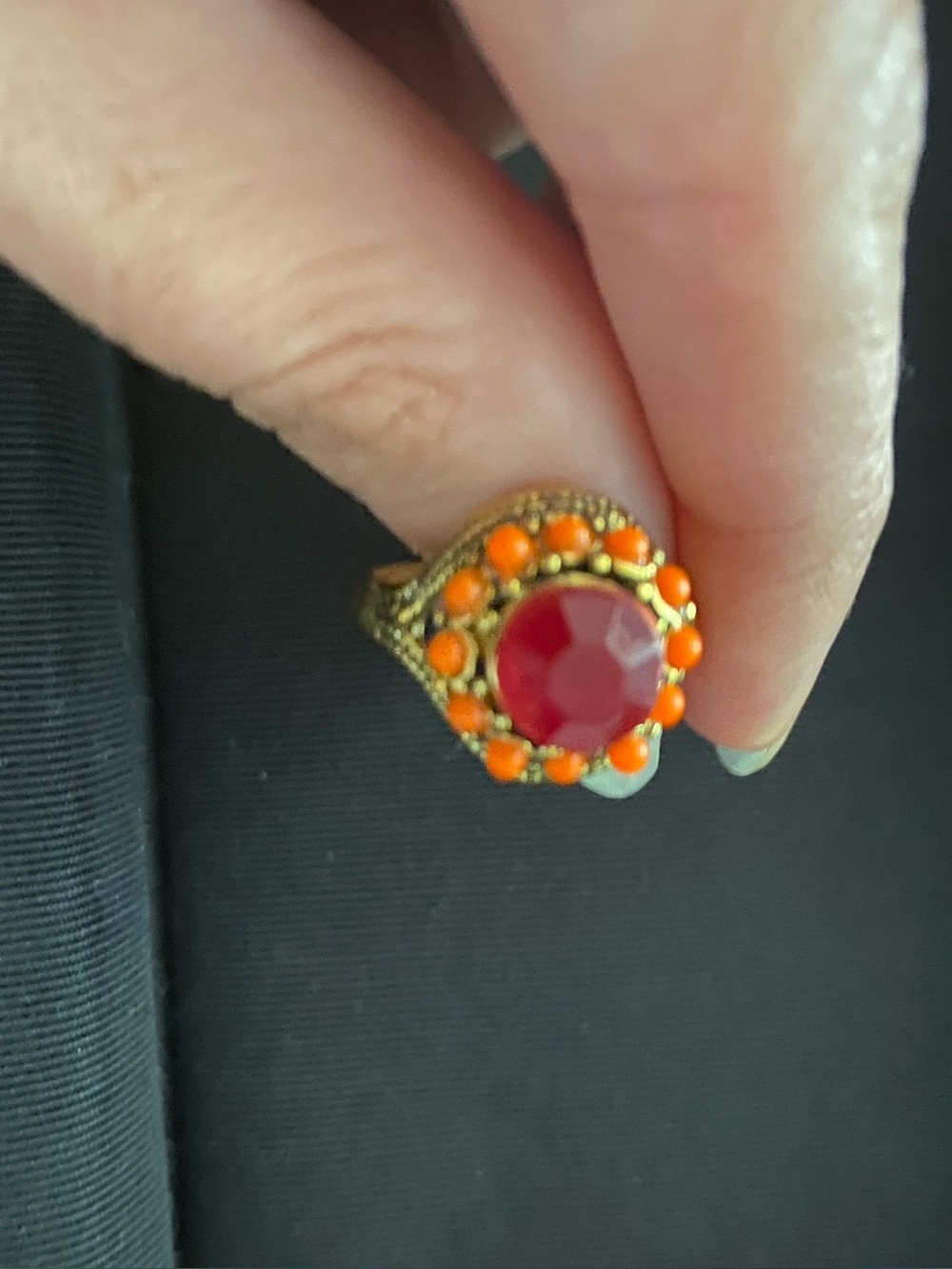 Gold-Tone Red and Orange Cabochon Statement Ring